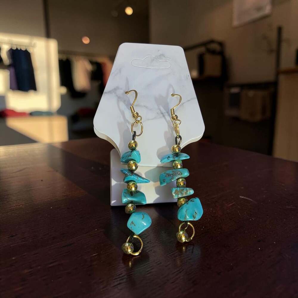 Boho Turquoise Chip and Gold Bead Dangle Earrings